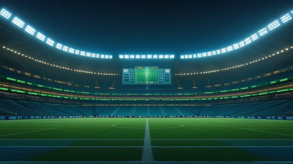 a stadium at night with glowing scoreboard